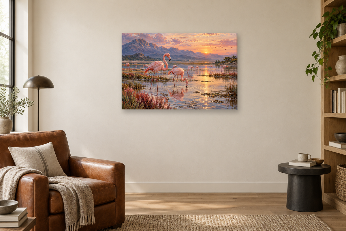 Flamingo Lagoon — horizontal canvas in a reading corner, full original artwork