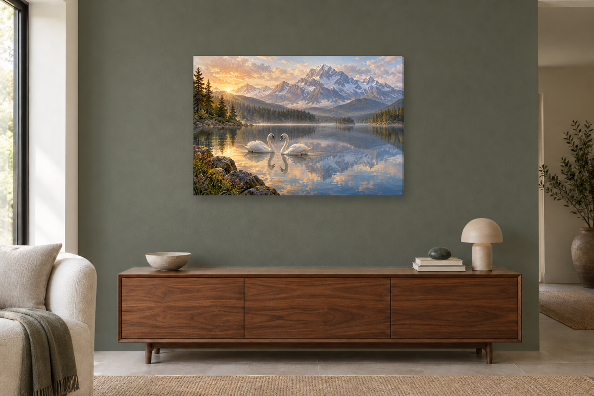 Swans On Still Water — horizontal canvas in a living room, full original artwork