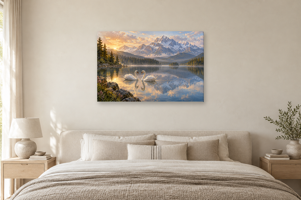 Swans On Still Water — horizontal canvas in a bedroom, full original artwork