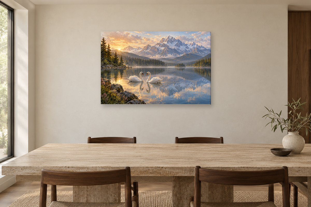 Swans On Still Water — horizontal canvas in a dining room, full original artwork
