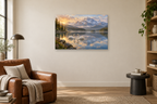 Swans On Still Water — horizontal canvas in a reading corner, full original artwork