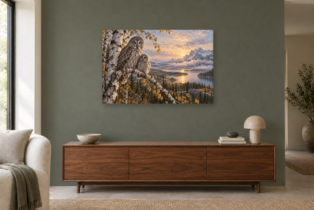 Owls Of The Birch — horizontal canvas in a living room, full original artwork
