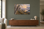 Owls Of The Birch — horizontal canvas in a living room, full original artwork