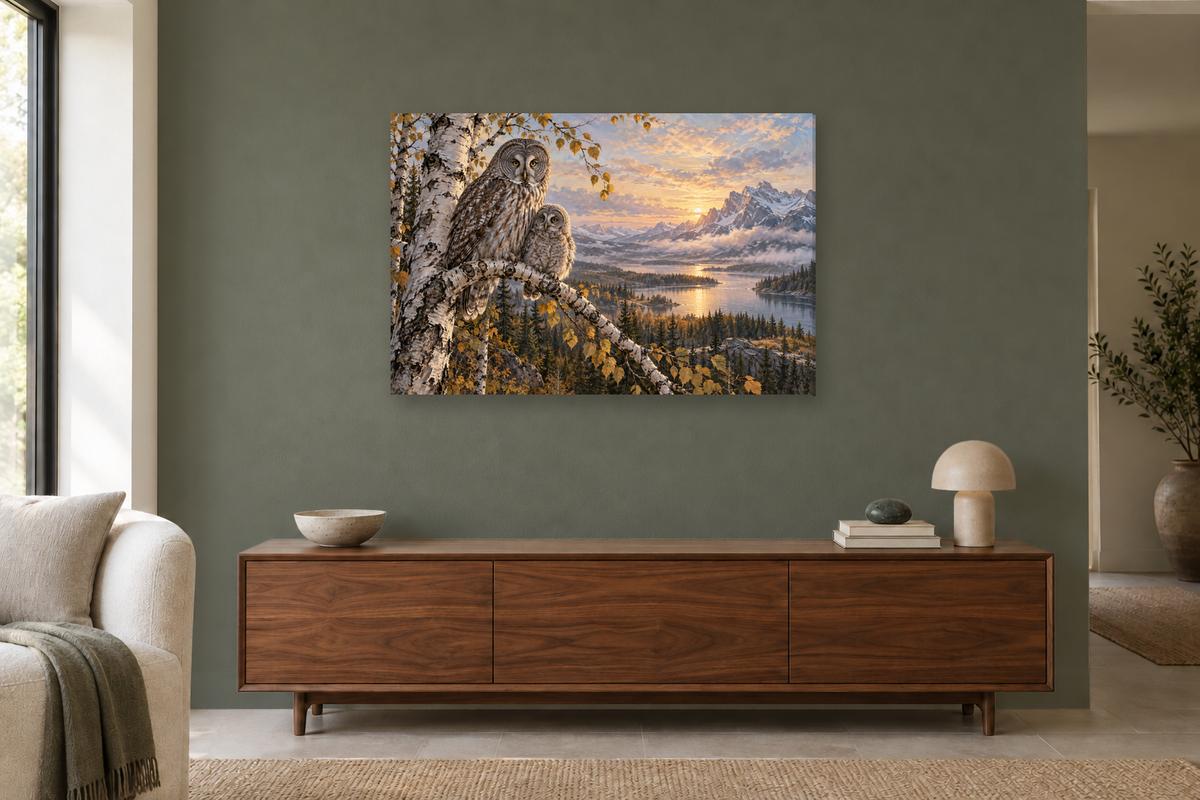 Owls Of The Birch — horizontal canvas in a living room, full original artwork