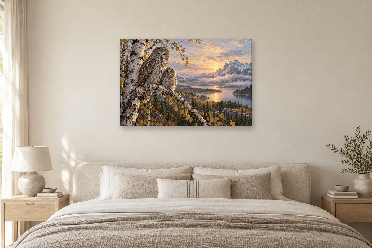 Owls Of The Birch — horizontal canvas in a bedroom, full original artwork