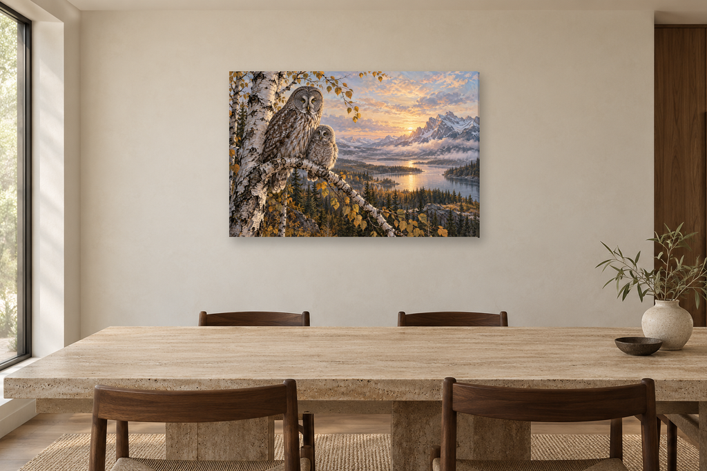 Owls Of The Birch — horizontal canvas in a dining room, full original artwork