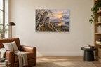 Owls Of The Birch — horizontal canvas in a reading corner, full original artwork