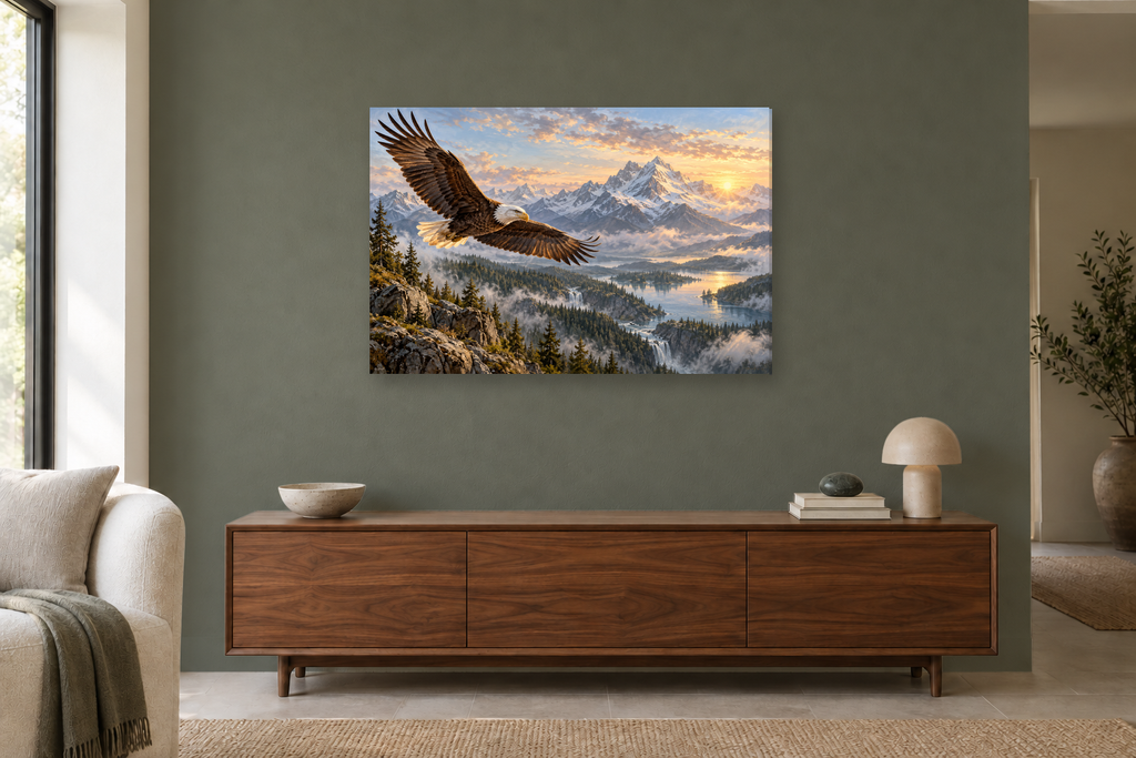 Eagle Over Mountains — horizontal canvas in a living room, full original artwork