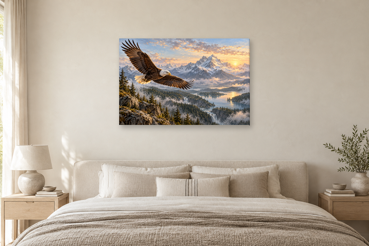 Eagle Over Mountains — horizontal canvas in a bedroom, full original artwork
