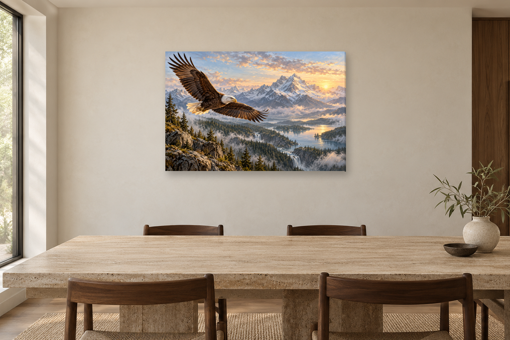 Eagle Over Mountains — horizontal canvas in a dining room, full original artwork