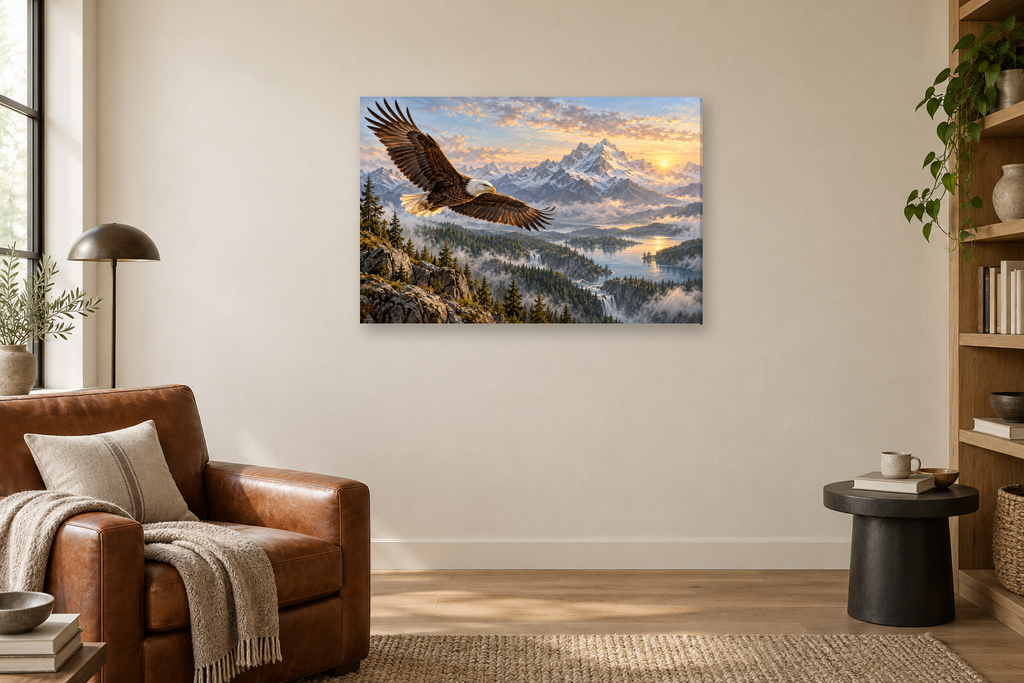 Eagle Over Mountains — horizontal canvas in a reading corner, full original artwork