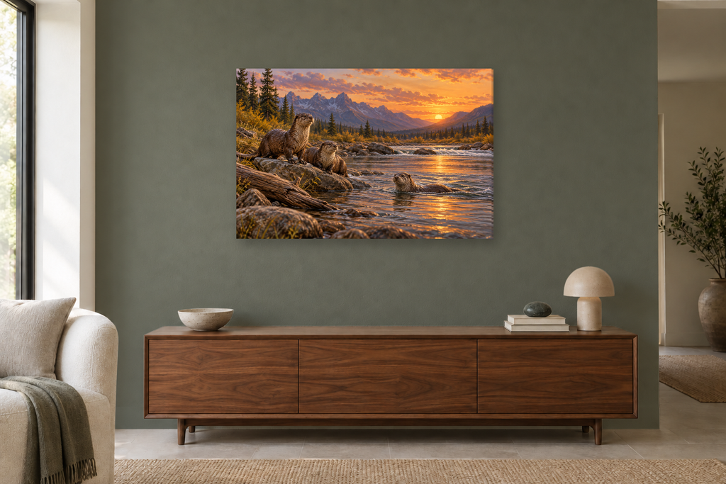 Otters At The River — horizontal canvas in a living room, full original artwork