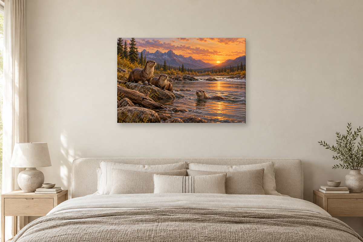 Otters At The River — horizontal canvas in a bedroom, full original artwork