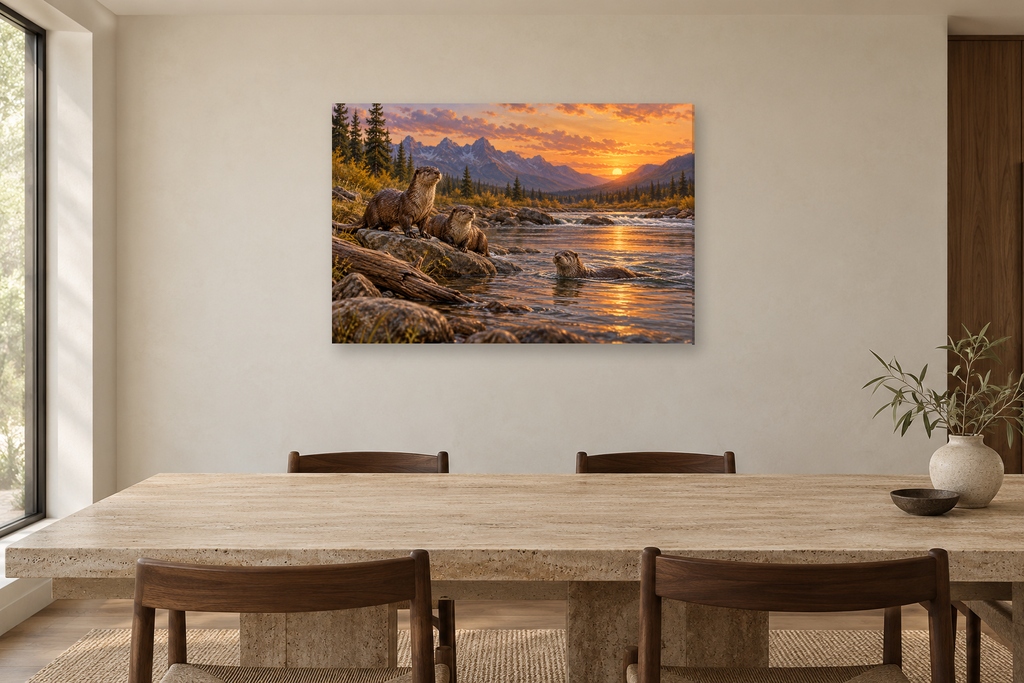 Otters At The River — horizontal canvas in a dining room, full original artwork