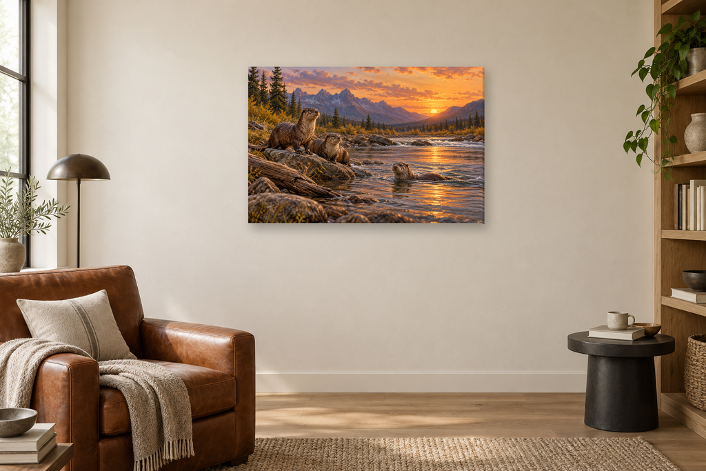 Otters At The River — horizontal canvas in a reading corner, full original artwork