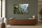 Pandas In Bamboo — horizontal canvas in a living room, full original artwork