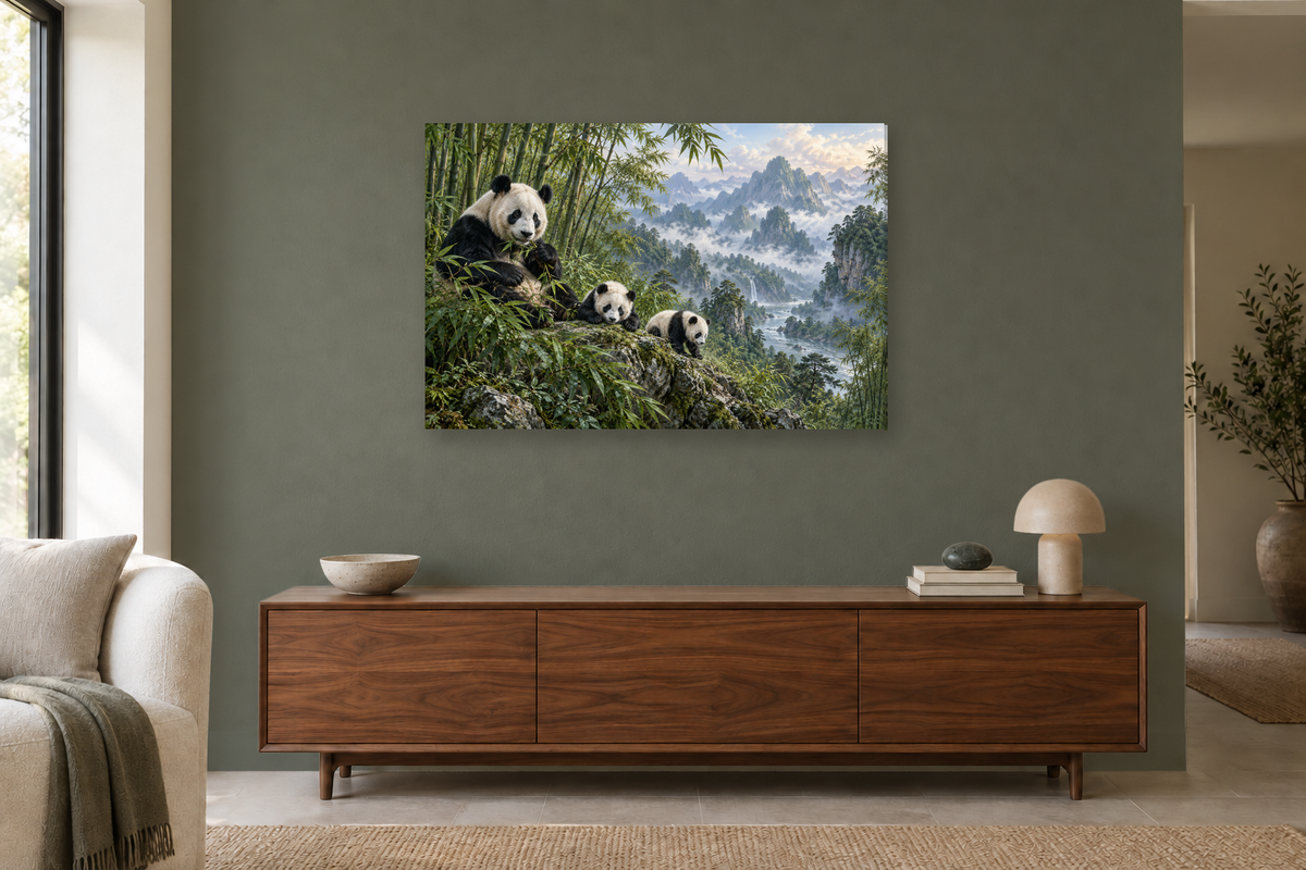 Pandas In Bamboo — horizontal canvas in a living room, full original artwork