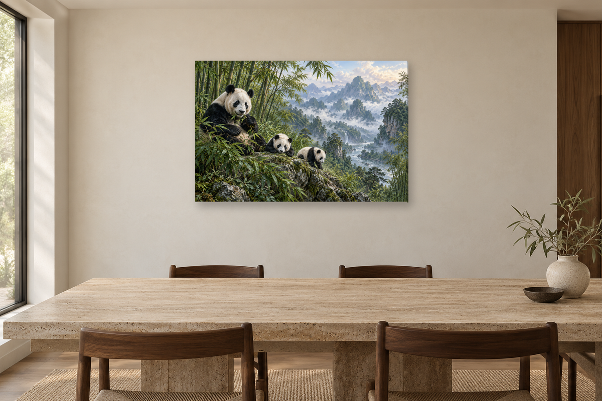 Pandas In Bamboo — horizontal canvas in a dining room, full original artwork