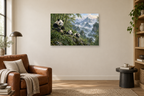Pandas In Bamboo — horizontal canvas in a reading corner, full original artwork