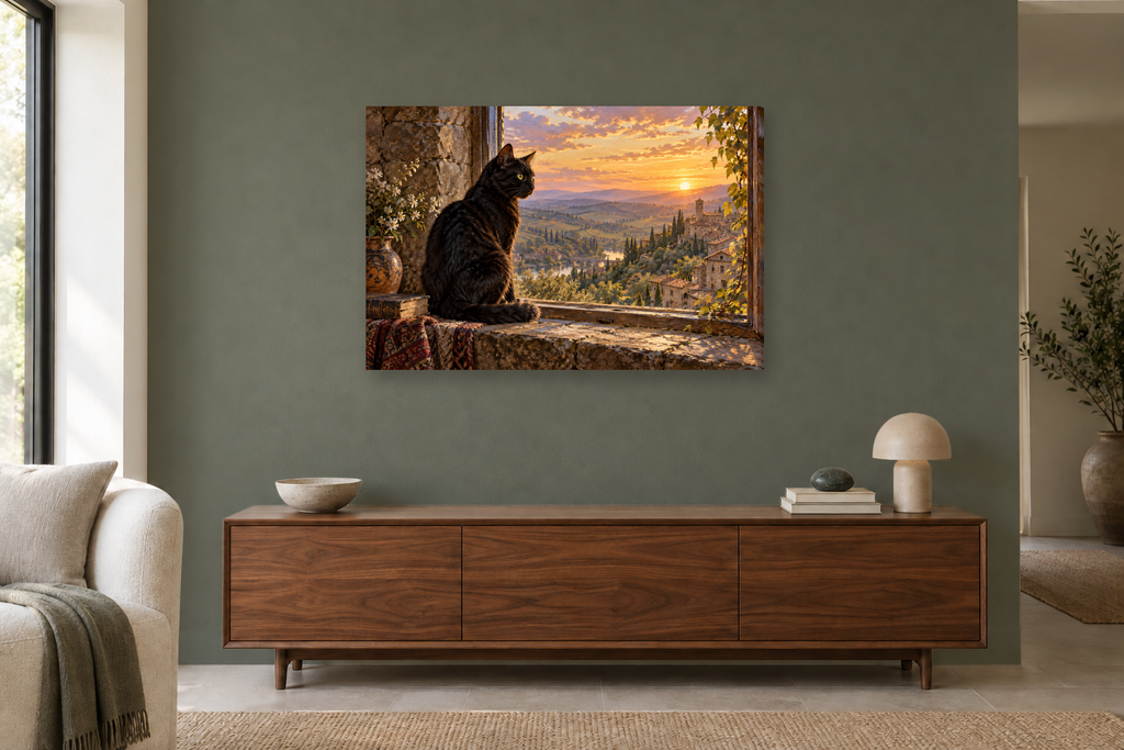 Black Cat Window — horizontal canvas in a living room, full original artwork