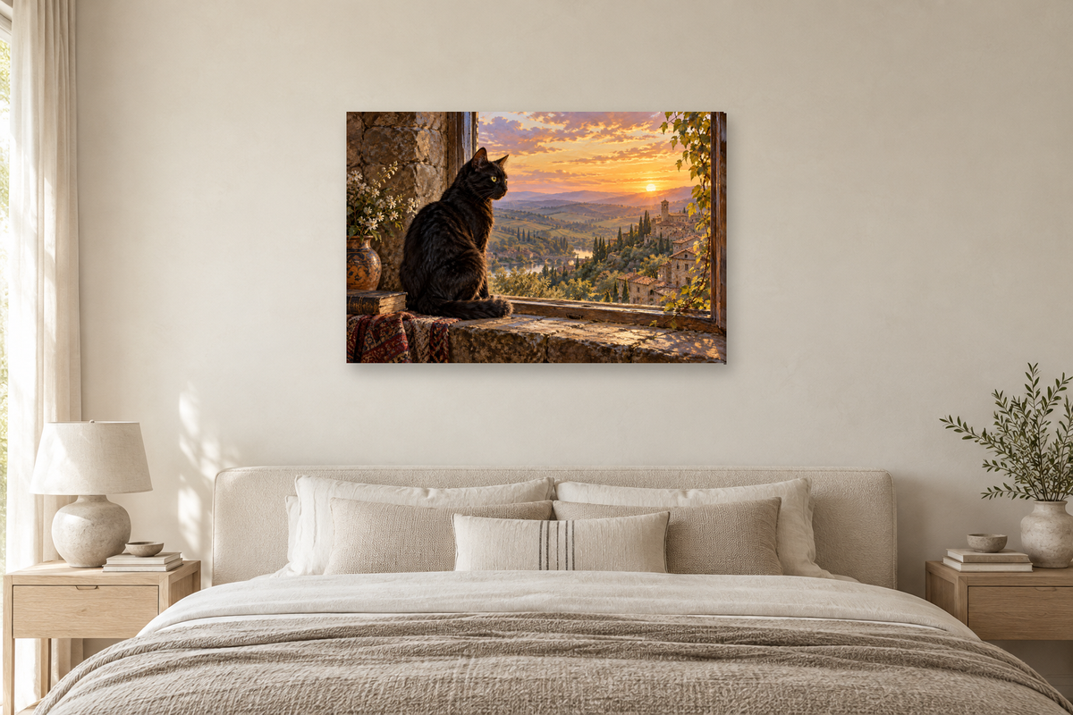 Black Cat Window — horizontal canvas in a bedroom, full original artwork