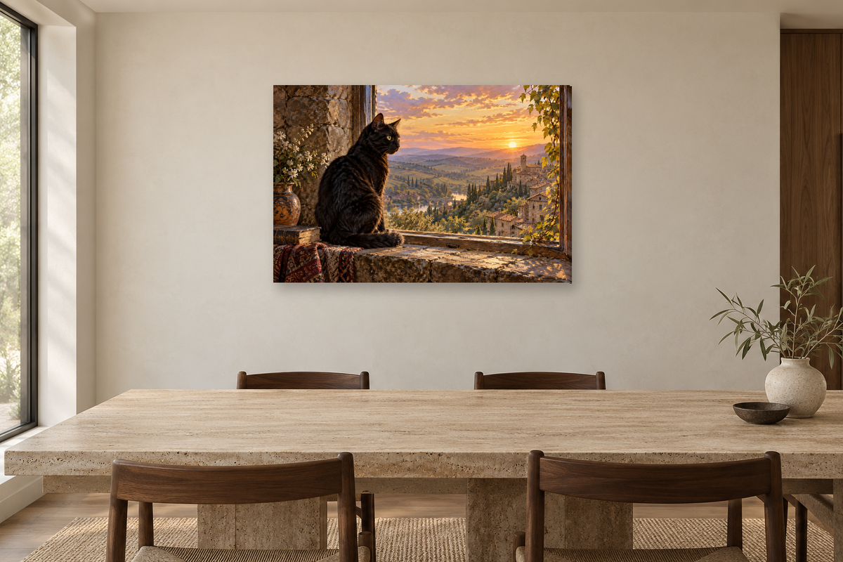 Black Cat Window — horizontal canvas in a dining room, full original artwork