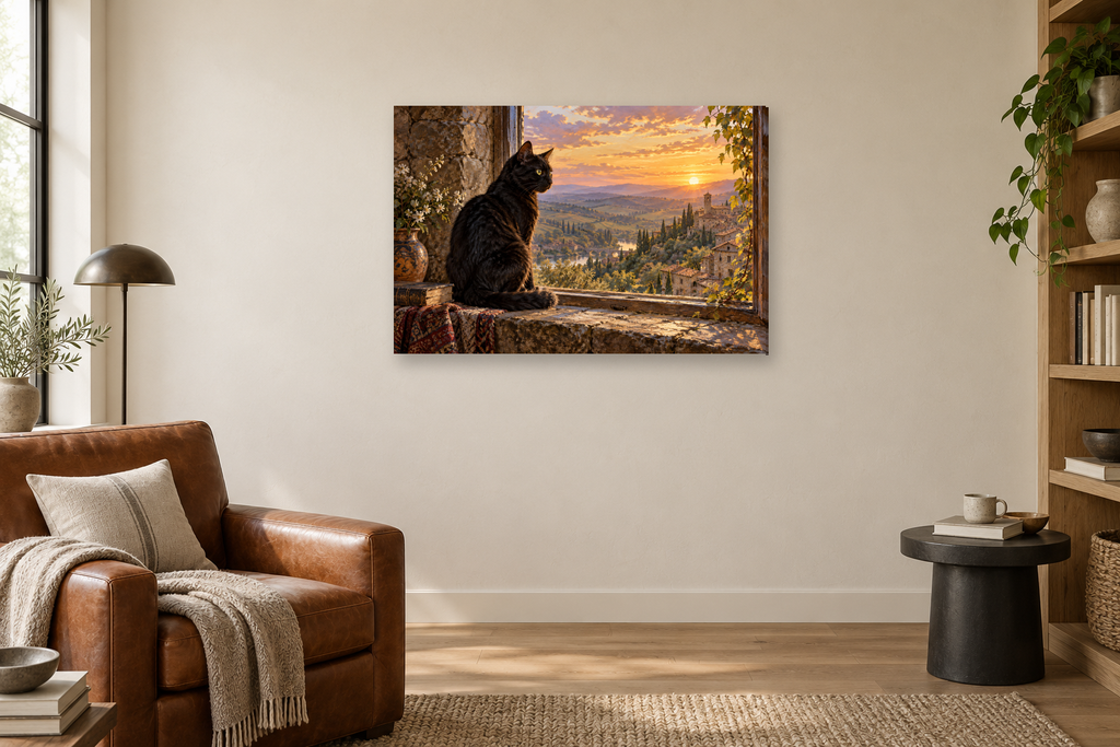 Black Cat Window — horizontal canvas in a reading corner, full original artwork