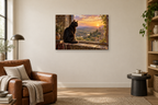 Black Cat Window — horizontal canvas in a reading corner, full original artwork