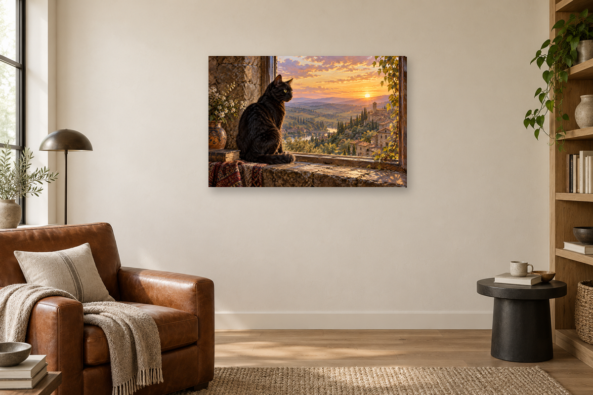 Black Cat Window — horizontal canvas in a reading corner, full original artwork