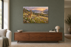 Hares In Wildflowers — horizontal canvas in a living room, full original artwork