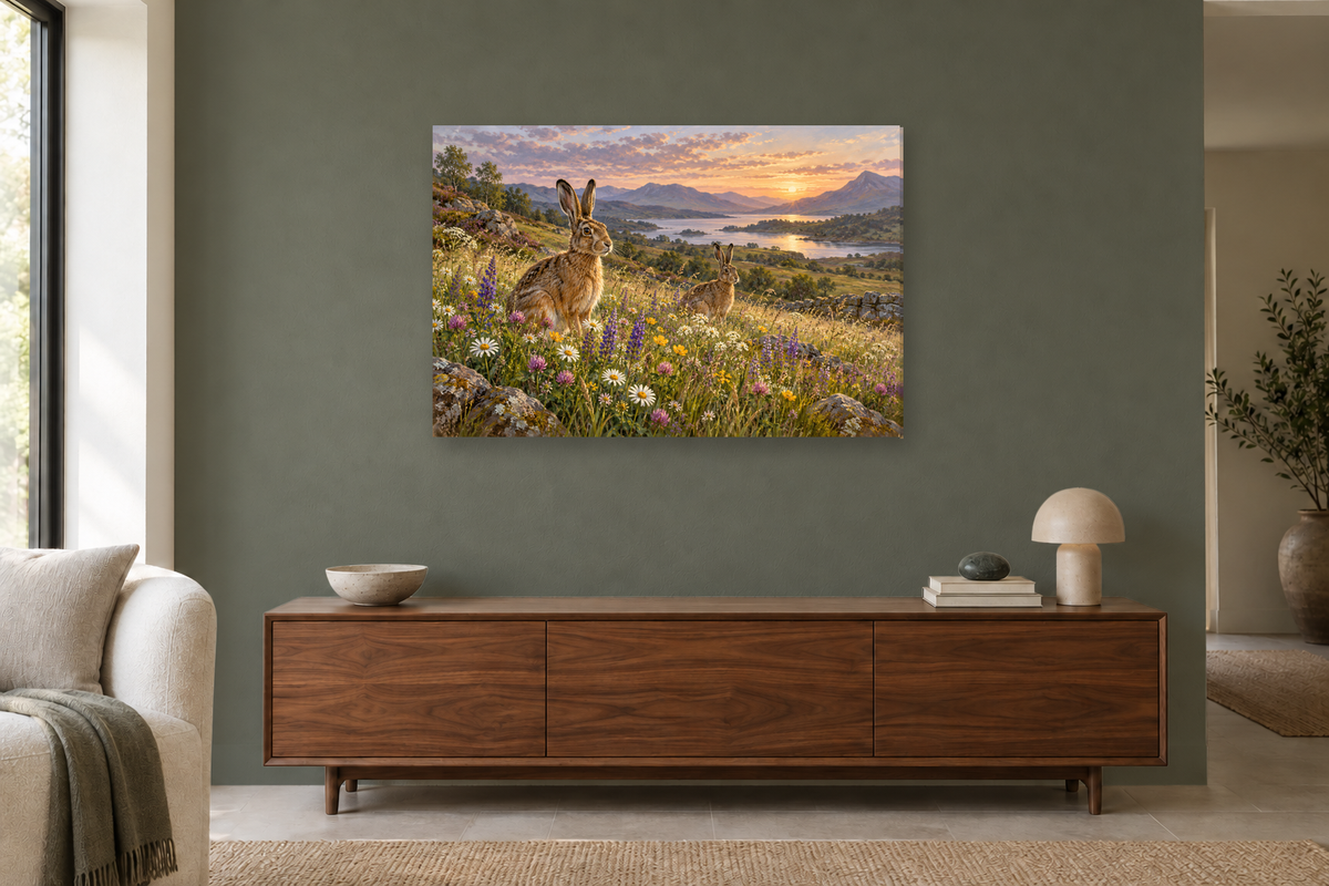 Hares In Wildflowers — horizontal canvas in a living room, full original artwork