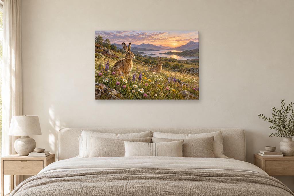Hares In Wildflowers — horizontal canvas in a bedroom, full original artwork