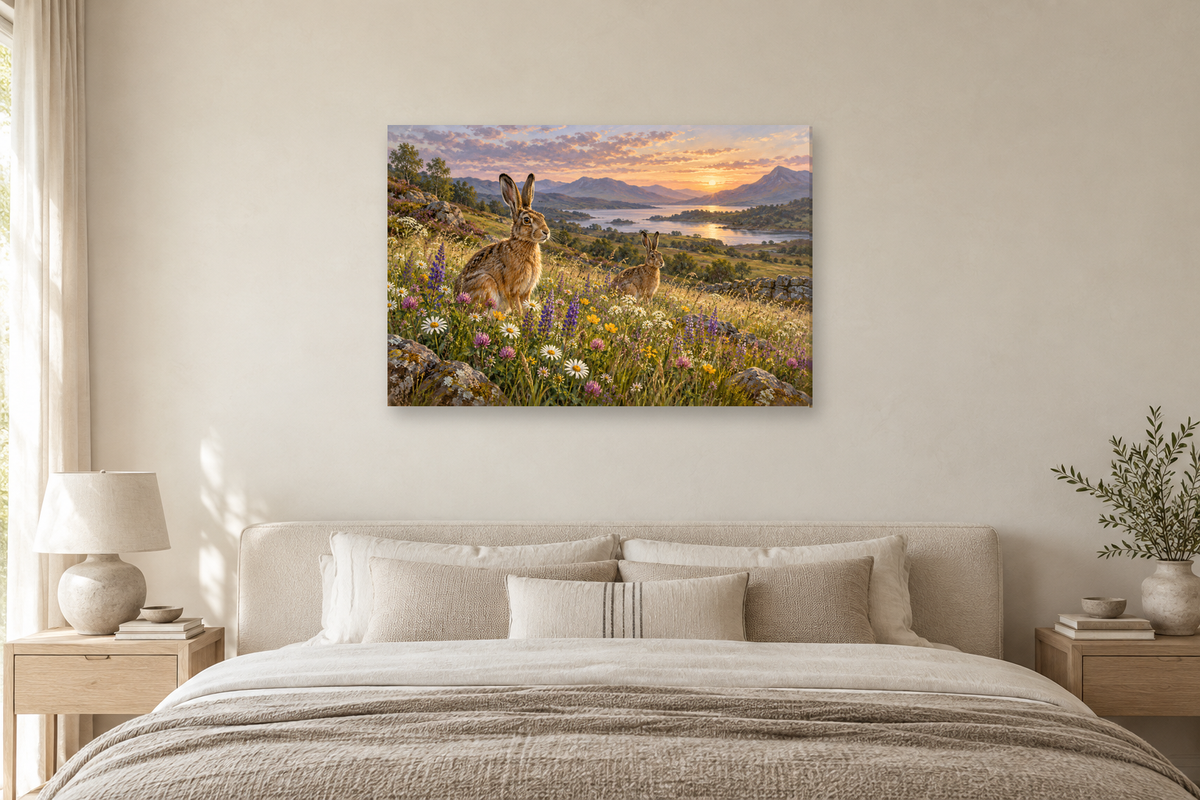 Hares In Wildflowers — horizontal canvas in a bedroom, full original artwork