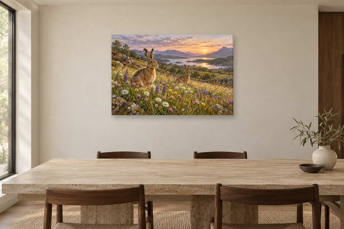 Hares In Wildflowers — horizontal canvas in a dining room, full original artwork