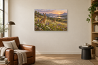 Hares In Wildflowers — horizontal canvas in a reading corner, full original artwork