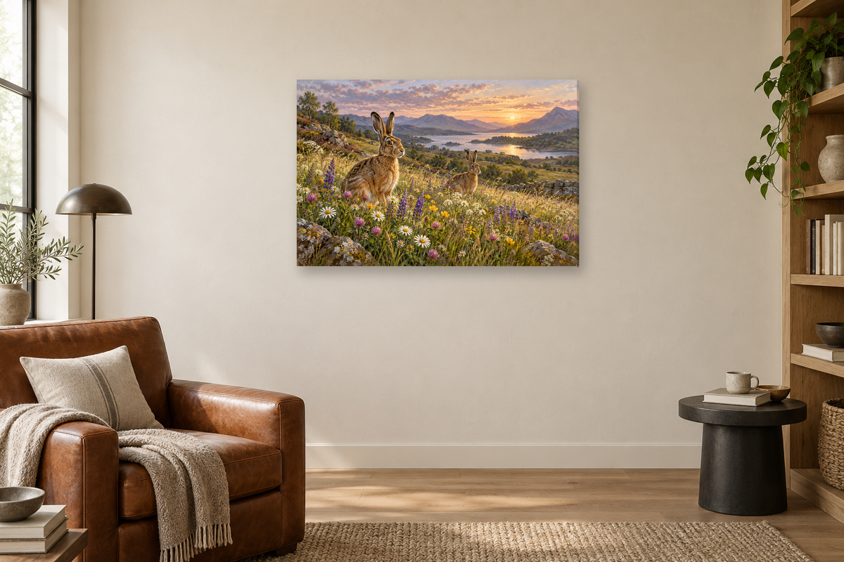 Hares In Wildflowers — horizontal canvas in a reading corner, full original artwork