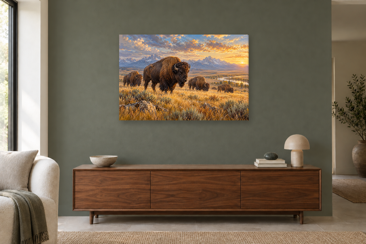 Bison On The Prairie — horizontal canvas in a living room, full original artwork