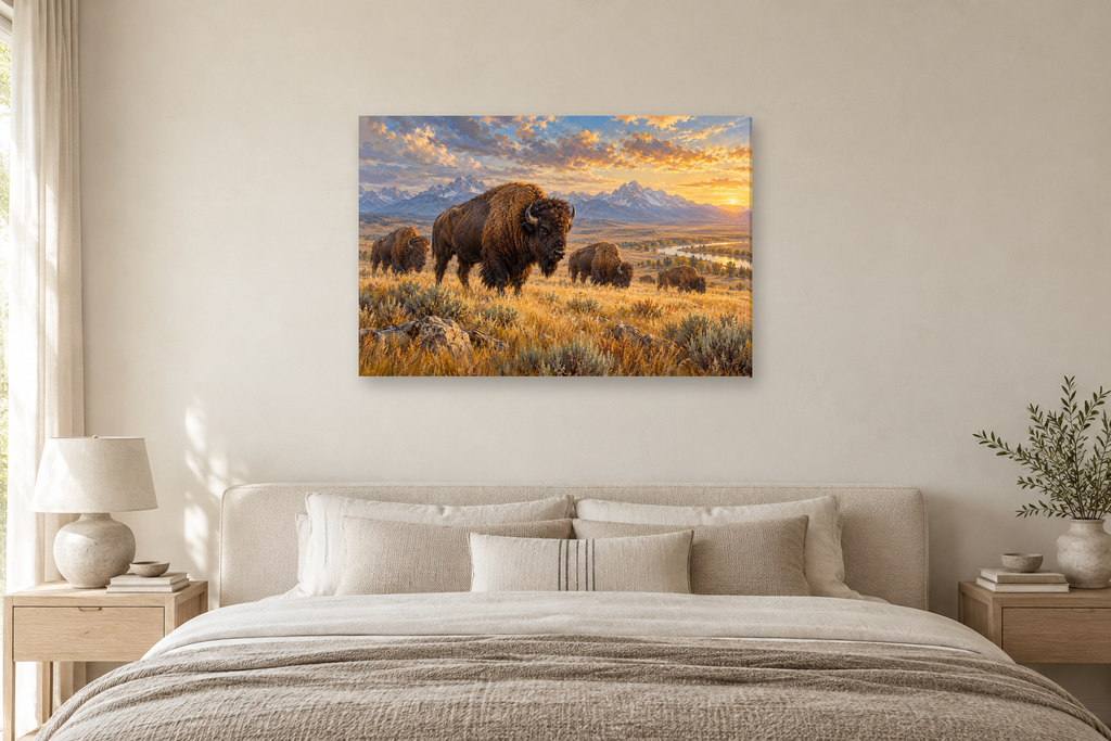 Bison On The Prairie — horizontal canvas in a bedroom, full original artwork