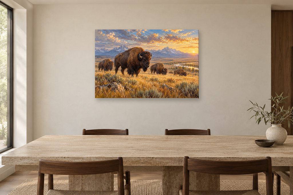 Bison On The Prairie — horizontal canvas in a dining room, full original artwork