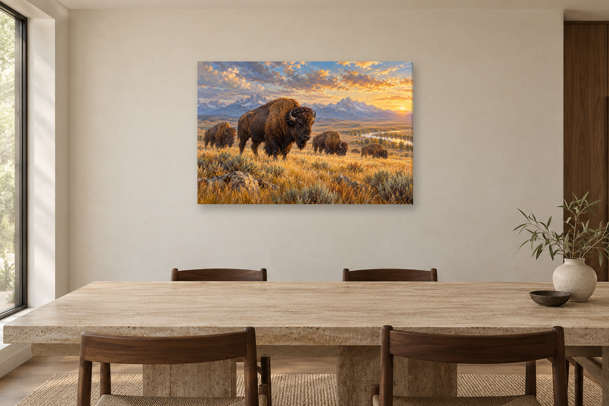 Bison On The Prairie — horizontal canvas in a dining room, full original artwork