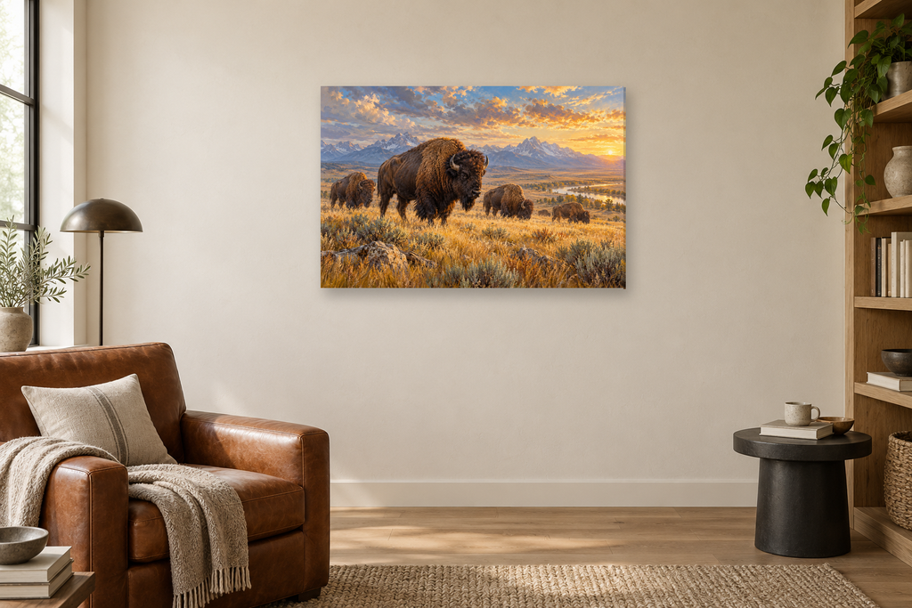 Bison On The Prairie — horizontal canvas in a reading corner, full original artwork