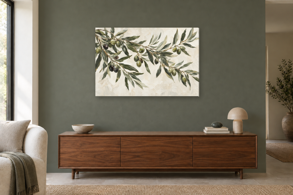 Olive Branch Study — horizontal canvas in a living room, full original artwork