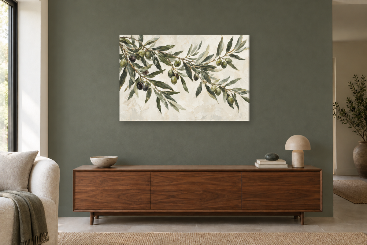 Olive Branch Study — horizontal canvas in a living room, full original artwork