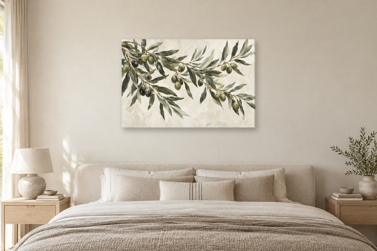 Olive Branch Study — horizontal canvas in a bedroom, full original artwork