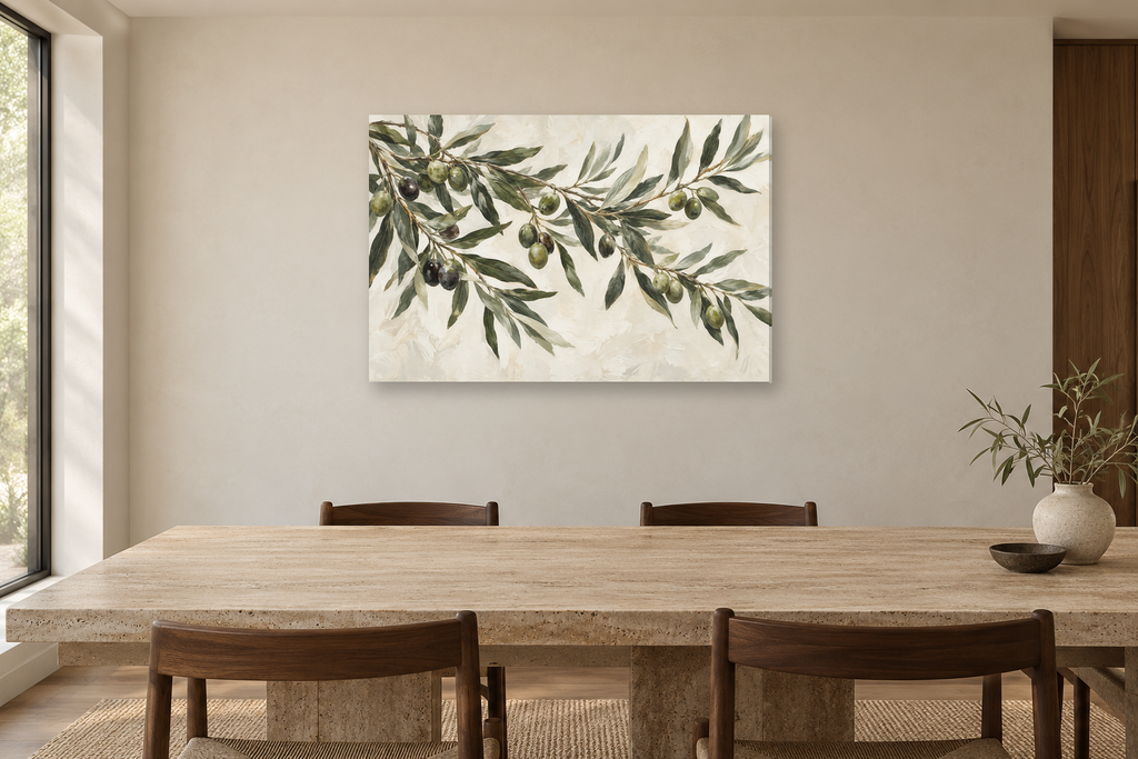 Olive Branch Study — horizontal canvas in a dining room, full original artwork