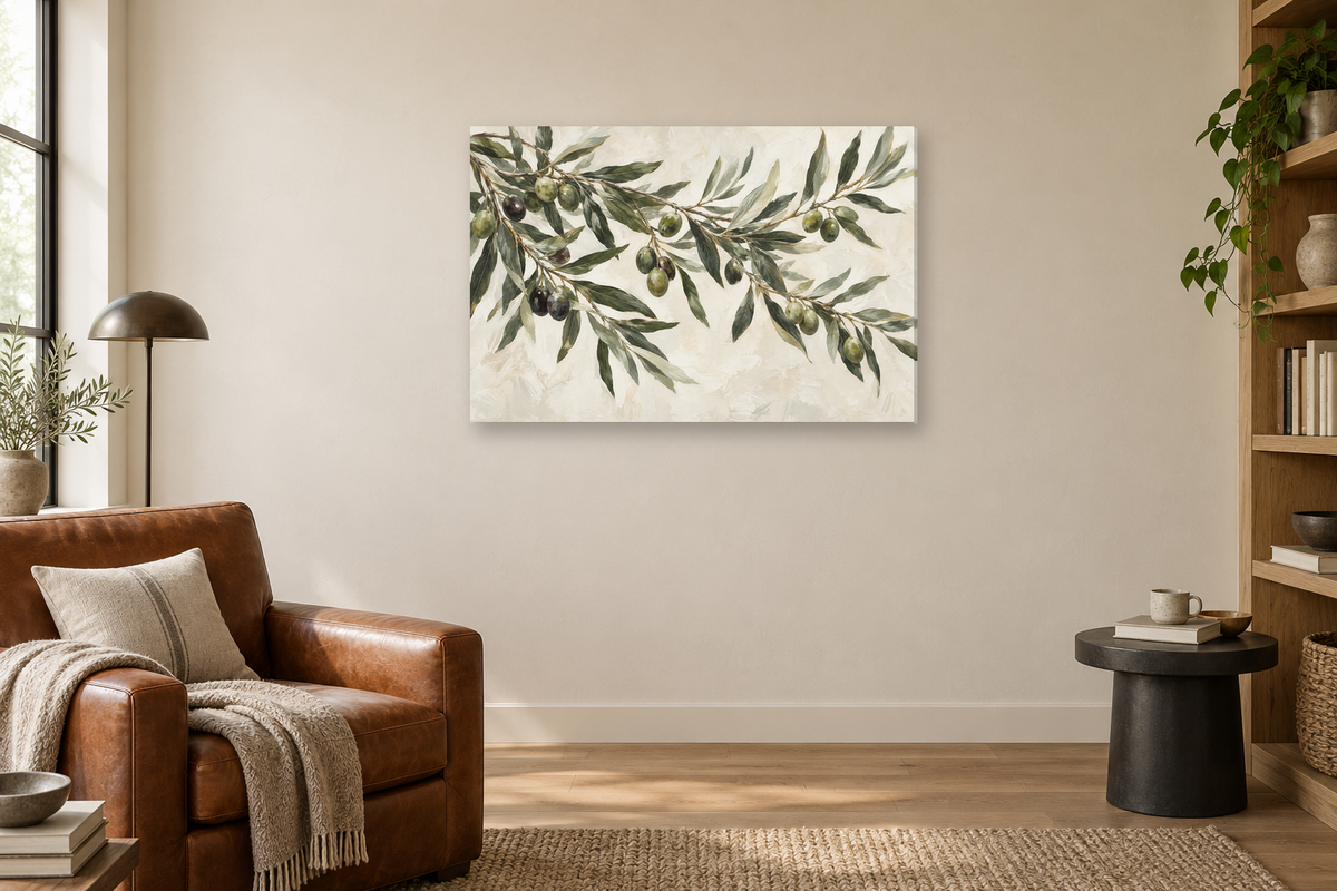 Olive Branch Study — horizontal canvas in a reading corner, full original artwork