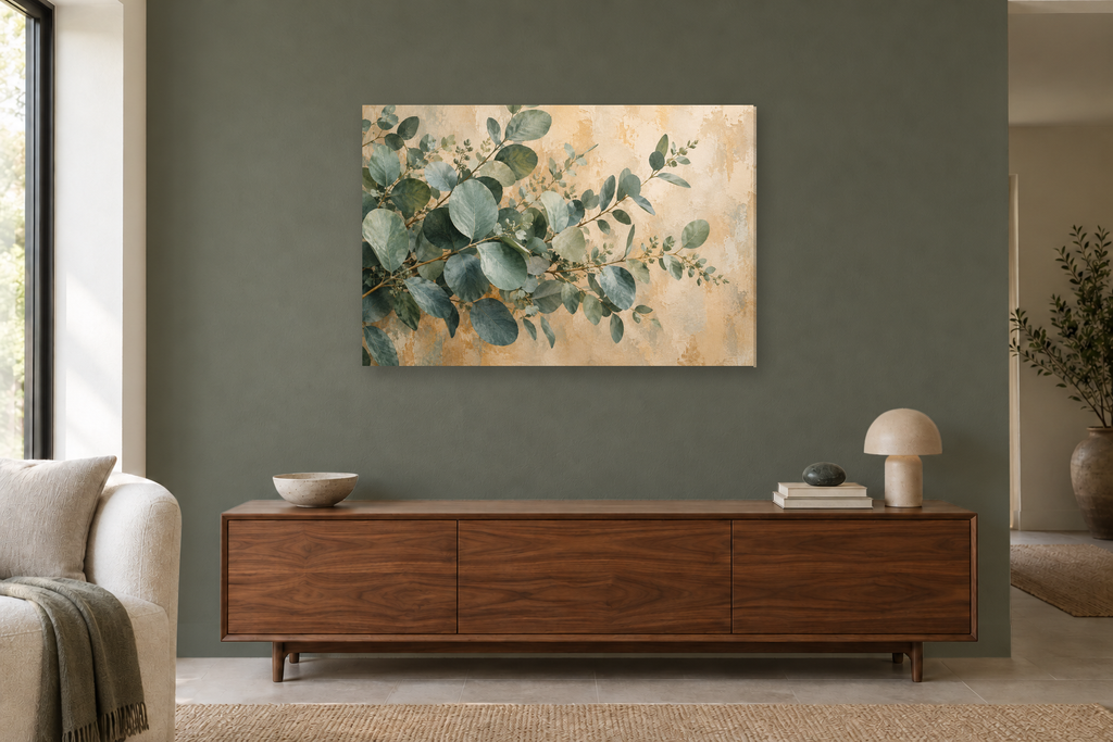 Eucalyptus Breeze — horizontal canvas in a living room, full original artwork