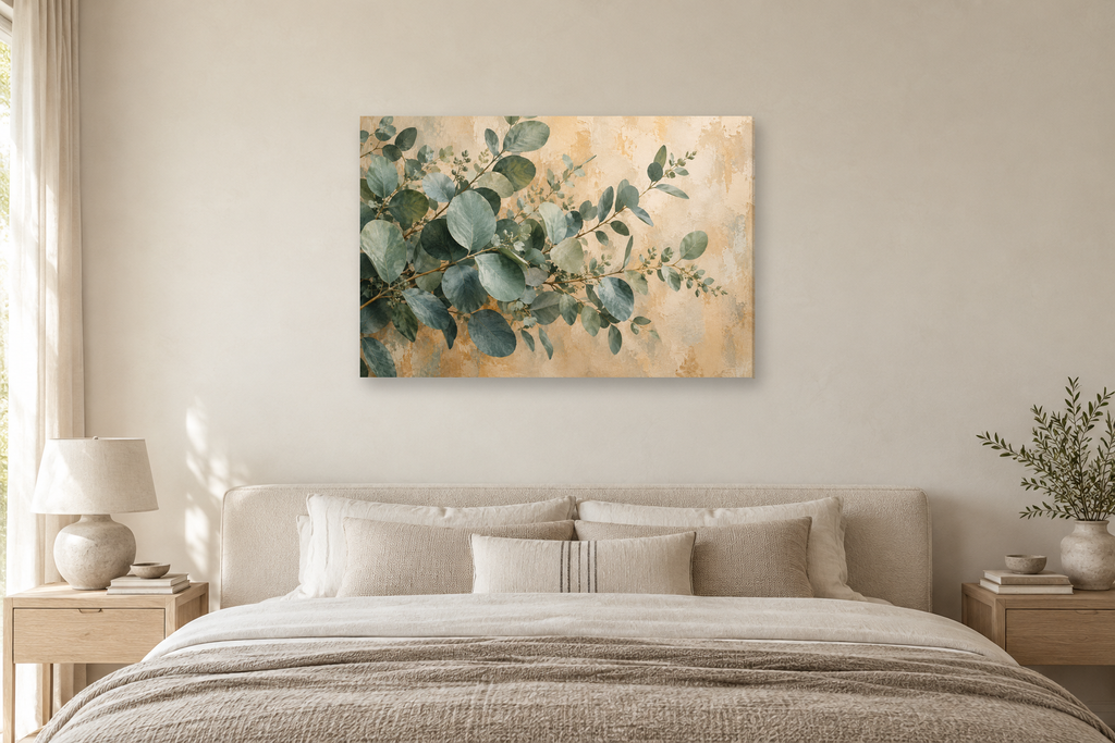 Eucalyptus Breeze — horizontal canvas in a bedroom, full original artwork