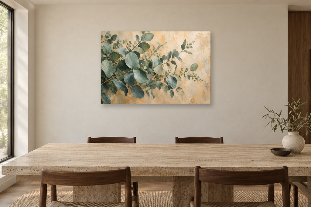 Eucalyptus Breeze — horizontal canvas in a dining room, full original artwork