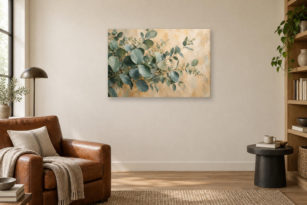 Eucalyptus Breeze — horizontal canvas in a reading corner, full original artwork